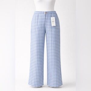 J.Jill Linen Stretch Blue Gingham Wide-Leg Pants Petite L NWT Lightweight Chic
